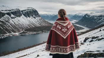 En person som bærer en tradisjonell norsk skinnkåpe, med et snødekt fjellandskap i bakgrunnen.