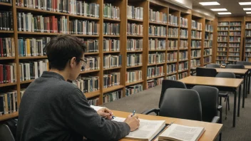 En student som studerer økonomi og ledelse sitter i et bibliotek med bøker og en laptop, og studerer for sin grad