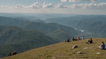 Et fantastisk utsyn fra en fjelltopp med mennesker som tar inn landskapet