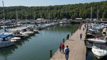 En travel kaiplass med båter og mennesker