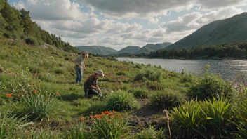 Et naturskjønt landskap med en variasjon av flora og fauna, med en person i bakgrunnen som arbeider med å restaurere det naturlige miljøet.