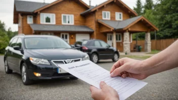 En person som holder en leieavtale og en nøkkel, med en bil eller en hytte i bakgrunnen.