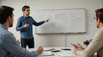 En person leder en diskusjon med en gruppe mennesker, med en hvit tavle eller presentasjonsskjerm i bakgrunnen som viser emnet for diskusjonen.