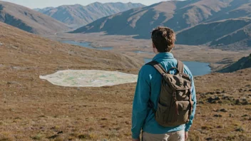 En person som forbereder seg på en lang reise, med et kart og en ryggsekk.