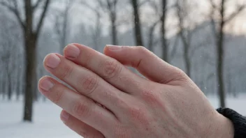 En persons hånd som bærer en vott, med en kald vinterbakgrunn.