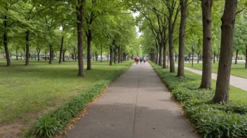 En snarums gjennom en park, med mennesker som går og sykler.