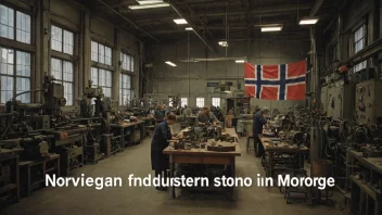 Et bilde av en fabrikk eller en verksted med et norsk flagg i bakgrunnen.