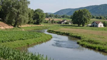 Et idyllisk landskap av en elv som renner gjennom en dal med en gård i bakgrunnen, som understreker betydningen av vannrettigheter for landbruket.