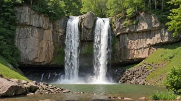 Et vakkert bilde av en naturlig steinformasjon med en kilde eller en foss i bakgrunnen.