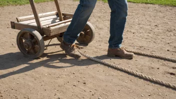 Et bilde av en person som trekker en vogn eller et tau, som viser handlingen av verbet 'trukne'.