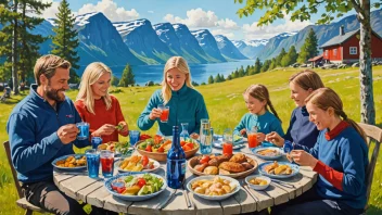 En glad norsk familie som har piknik på blåmandagen.