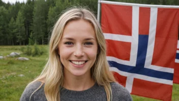 En kvinne med et vennlig smil og et norsk flagg i bakgrunnen