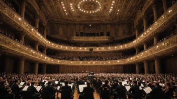 Et stort konserthus med et stort orkester, kor og solister som fremfører et oratorium.