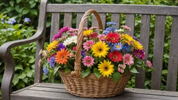 En vakker blomsterkurv fylt med fargerike blomster, plassert på en hagebenk