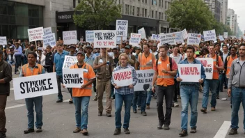 En gruppe arbeidstakere på streik, som protesterer mot sine arbeidsforhold.