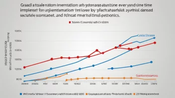 En graf som viser en gradvis implementering av et nytt system over tid, med ulike faser og milepæler markert.