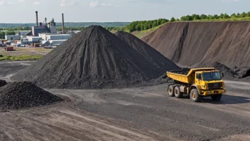 En slagg-haug fra en metallindustri, med en fabrikk i bakgrunnen.