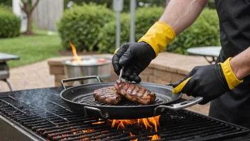 En person som bærer en varmebestandig hanske, holder en varm grill eller panne.