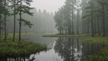 En fredelig og mystisk skoglandskap med en blanding av bartre og løvtrær, omgitt av små innsjøer og myrer.