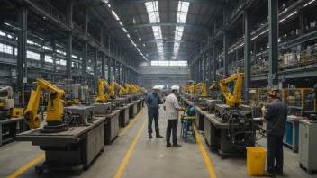 Et stort industriprosjekt med maskiner og arbeidere i en fabrikksetting, med en bysilhuett i bakgrunnen