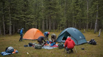 En gruppe mennesker som setter opp en midlertidig leir i villmarken.