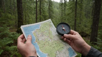 En person som navigerer gjennom villmarken ved hjelp av kart og kompass.