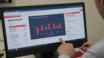 En person som analyserer data på en dataskjerm med en graf som viser valgresultater i bakgrunnen.