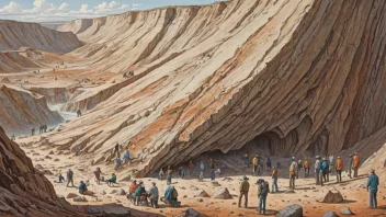 En fargerik illustrasjon av en geologisk formasjon med synlige mineralavsetninger, med noen mennesker i bakgrunnen som undersøker området.