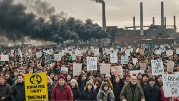 En gruppe mennesker som holder skilt og bannere i protest mot miljøforurensning, med en fabrikk eller industriområde i bakgrunnen.