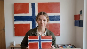 En person med et norsk flagg i bakgrunnen, med en palett av maling og en lerret, som symboliserer tilknytningen til kunst og kultur.