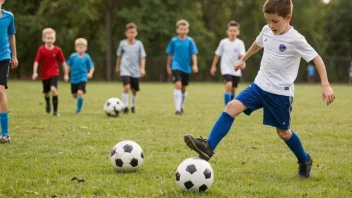 En ung gutt som prøver å sparke en fotball men bommer, med en uskarp bakgrunn av andre barn som spiller fotball.