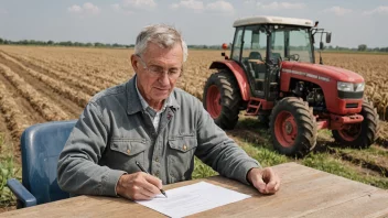 En bonde som signerer en kontrakt for jordleie.