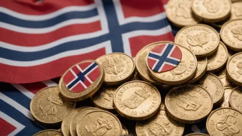 En haug med gullmynter med et norsk flagg i bakgrunnen, som representerer norsk valuta