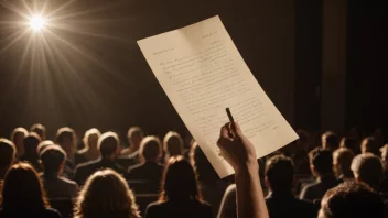 En person står på en scene, holder et manus og smiler, med et spotlight som lyser på dem. I bakgrunnen er det et publikum som ser på og applauderer.