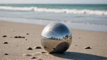 Et nærbilde av en merkelig gjenstand på en strand, med solnedgangen i bakgrunnen.