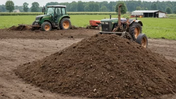 En stor haug med dyregjødsel, med en traktor som kjører forbi i bakgrunnen, på en solrik gård.