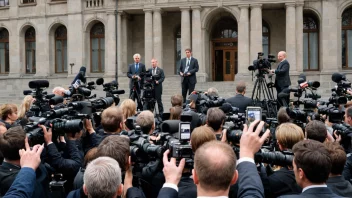 En nyhetsteam som dekker en pressekonferanse utenfor Stortinget.