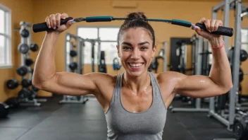 En treningsiver midt i en hard trening, med et stort smil på ansiktet og svette på pannen, omgitt av vekter og treningsutstyr.