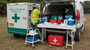 En førstehjelpsstasjon med medisinsk utstyr og personale klar til å hjelpe i nødsituasjoner