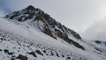 En bratt fjellsida med snø og is, og noen trær og steiner spredt omkring.