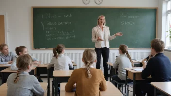 En norsk skole med en lærer og elever som jobber sammen, representert grunnskolereformen.