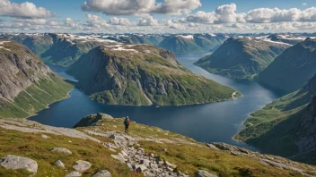 En storslagen utsikt over et norsk fjellandskap med en vandrer i det fjerne, omgitt av frodig vegetasjon og en rolig innsjø i forgrunnen.