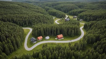 Et fredelig skoglandskap med noen hus og en svingete vei, som representerer Skoglund-familiens forbindelse til naturen.