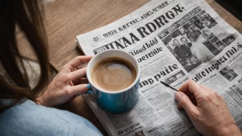 En person som sitter på en sofa og leser en lørdagsavis med en kopp kaffe på siden.