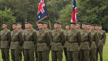 En militærenhet bestående av soldater i uniform, stående i formasjon, med en kommandør foran dem.