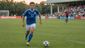 En fotballspiller i aksjon, løper med ballen i sentrum av banen