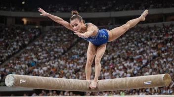 En gymnast som utfører en øvelse på bommen.