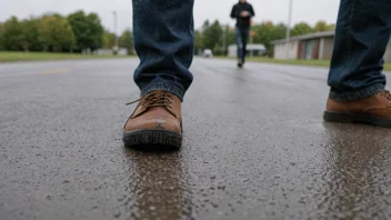 En person som går på en glatt overflate med sko som har gummisåler, med et nærbilde av skosålen i forgrunnen.