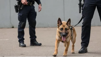 En bombehund søker etter eksplosiver i et offentlig område, med en politibetjent i bakgrunnen.