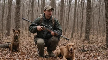 En person i jaktutstyr, går gjennom skogen med en rifle og en hund ved siden av.